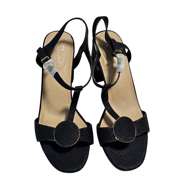 Comfort Est. 1948 Shoes - Comfort Est. 1948 Black Snakeskin Embossed T-Strap Block Heel Sandals Size 8